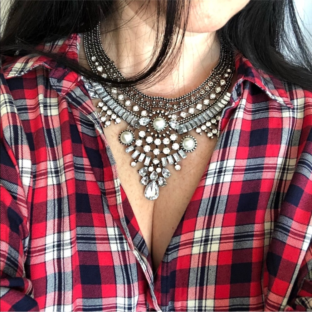 Statement Chunky Silver Necklace Rhinestones Boho - image 7